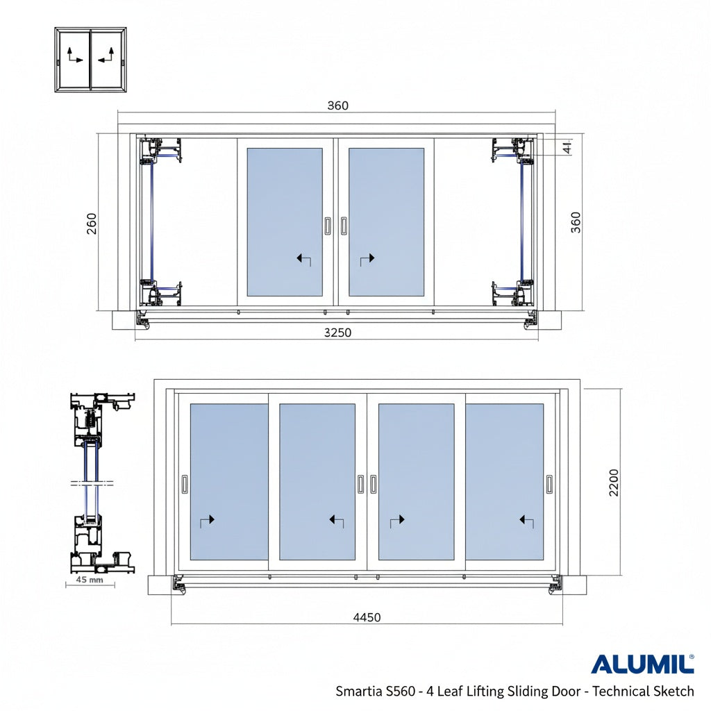 Baie vitrée coulissant en aluminium à soulèvement 4 ventaux SMR S560 (L.:4450mm x H.:2200mm)