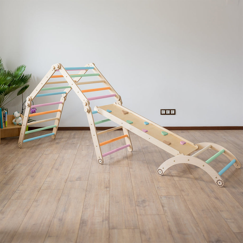 106_Triangle d’escalade Pikler modulable 4 modules avec rampe 2-en-1 (glisse/escalade) et arche