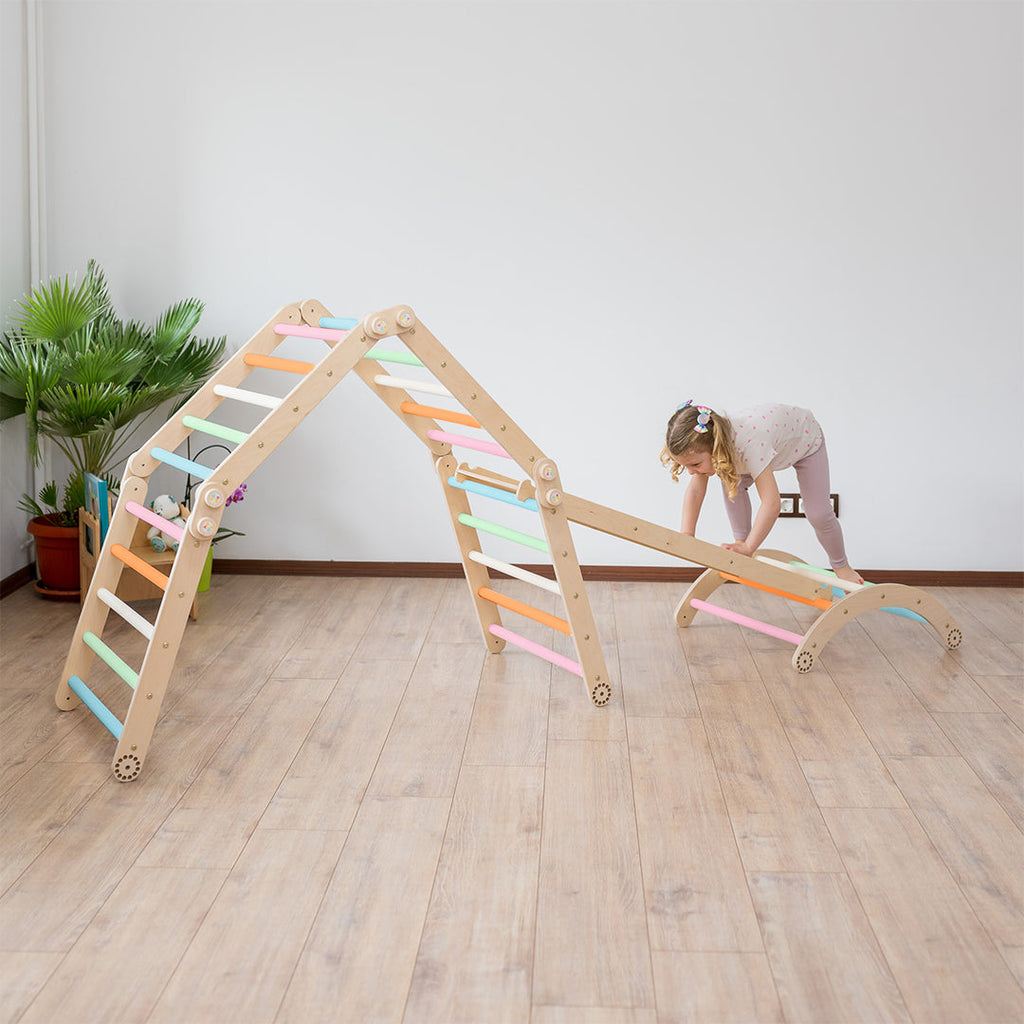 106_Triangle d’escalade Pikler modulable 4 modules avec rampe 2-en-1 (glisse/escalade) et arche