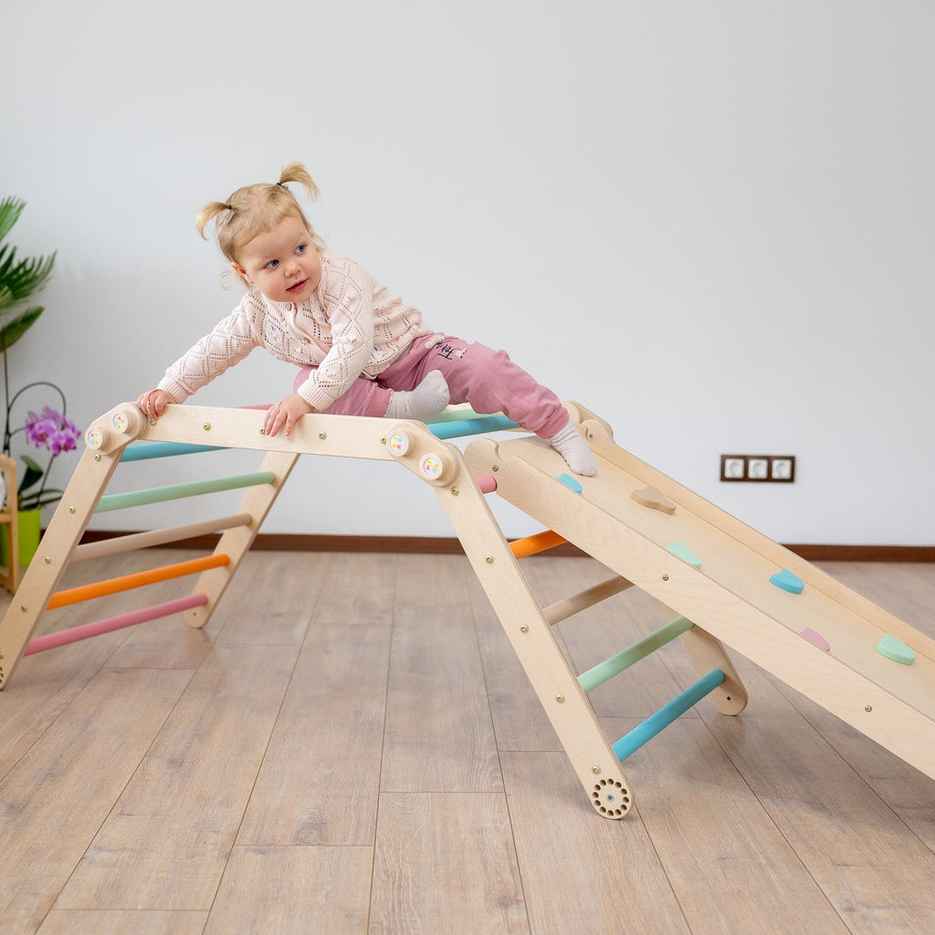 120_Mur suédois enfant modulable – 3 échelles + rampe + anneaux + corde/balançoire