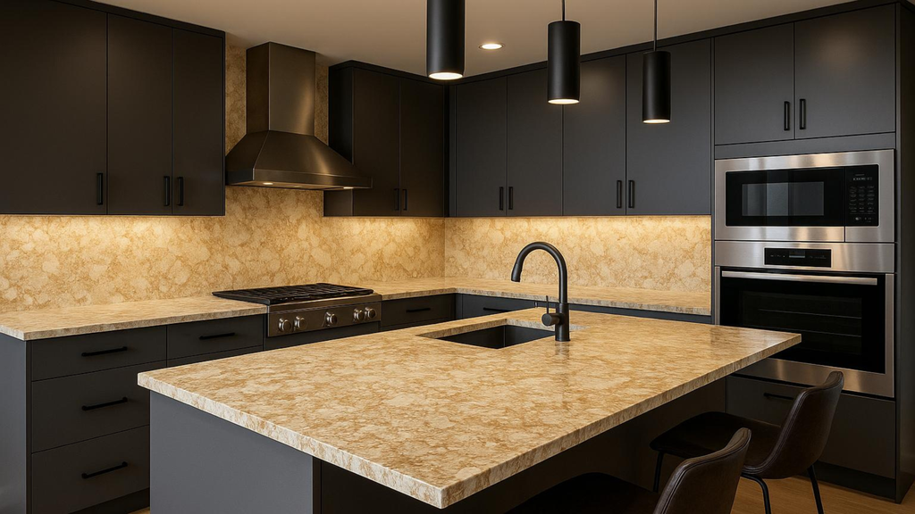Plan de travail quartz Sahara Fossil Gold beige doré – 2 cm
