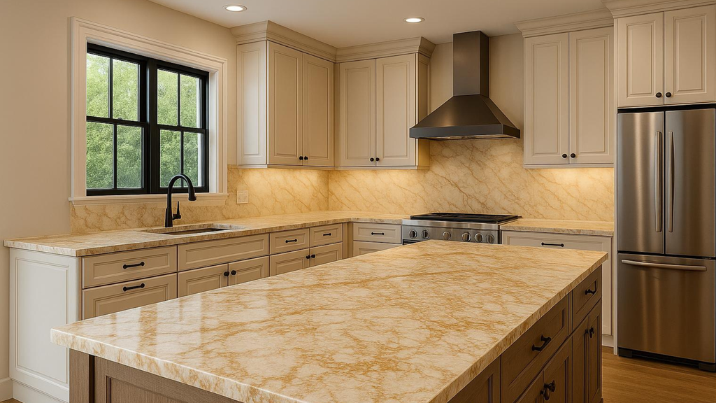 Plan de travail quartz Sahara Fossil Gold beige doré – 2 cm