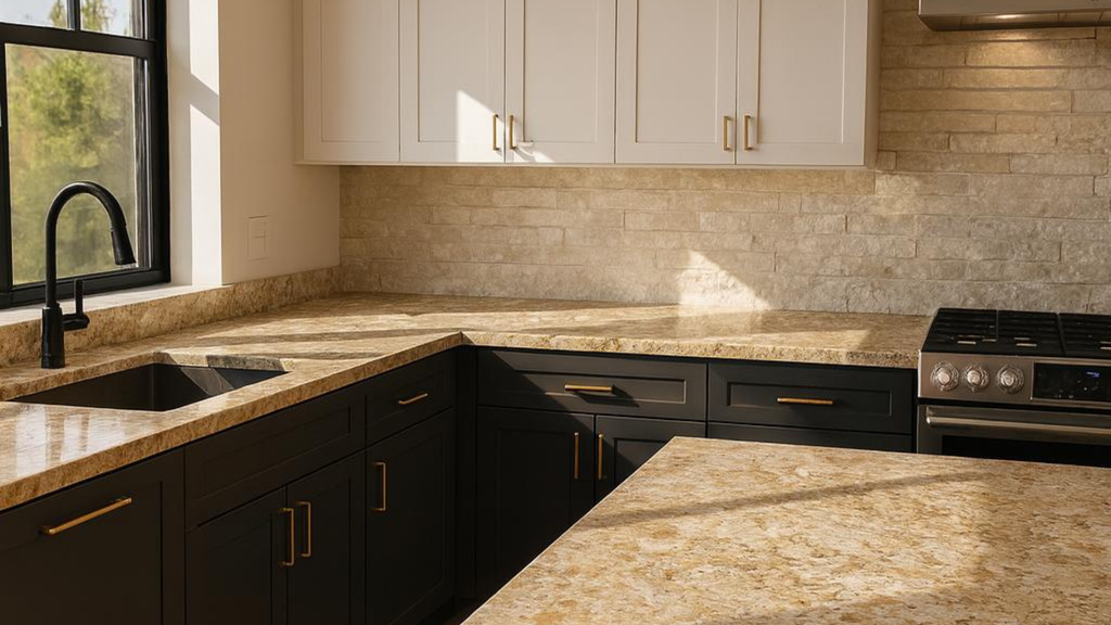 Plan de travail quartz Sahara Fossil Gold beige doré – 2 cm