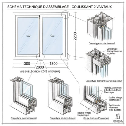 Baie vitrée coulissante en aluminium 2 ventaux  SMR 350 (L.:2600mm x H.:2200mm)
