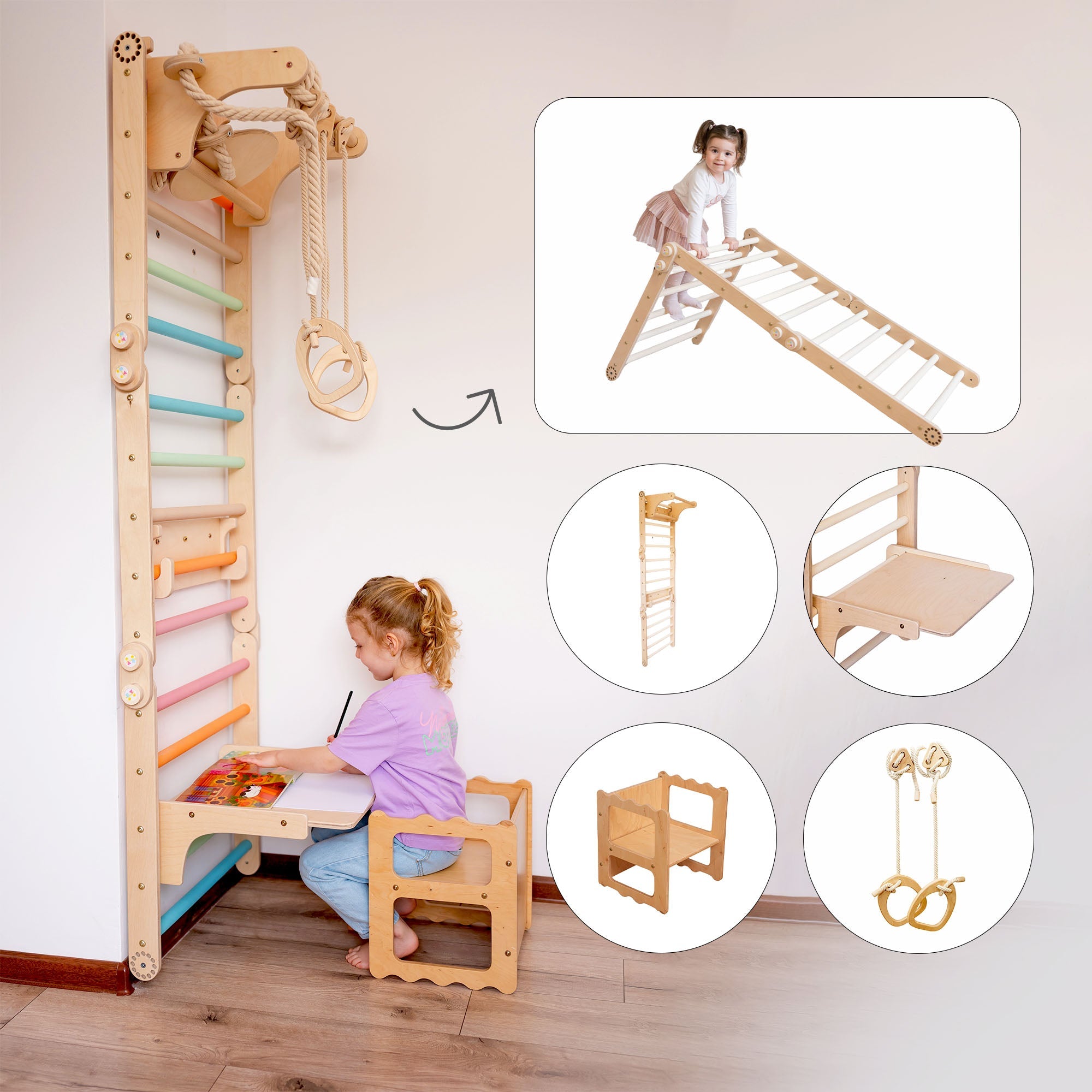 140_Mur suédois pour enfants avec anneaux de gymnastique, accessoire table et chaise