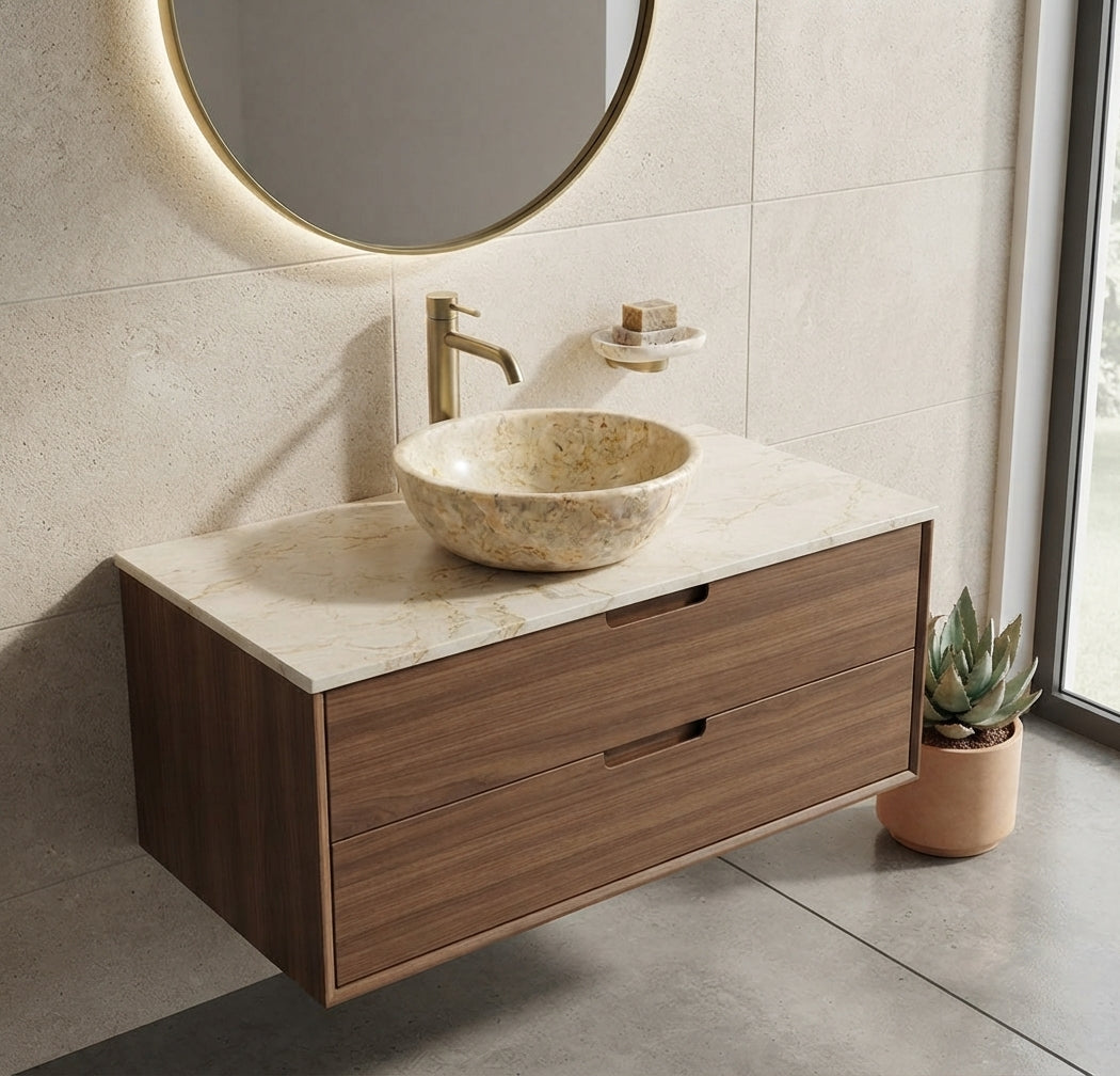 Vasque à poser « Jazzy » en marbre naturel beige  – 45 cm