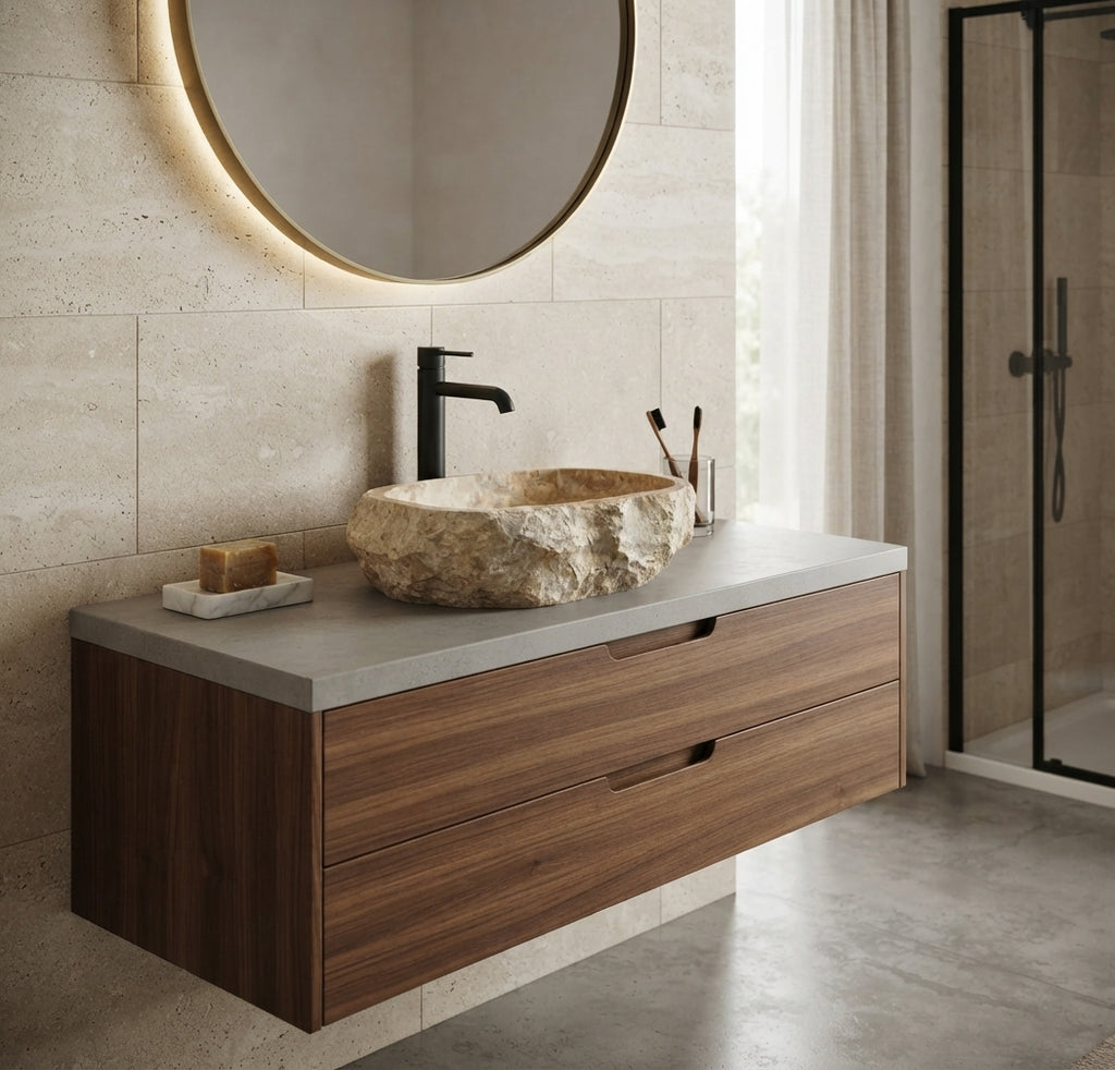 Vasque à poser « Bedrock » en marbre naturel beige – 45 cm
