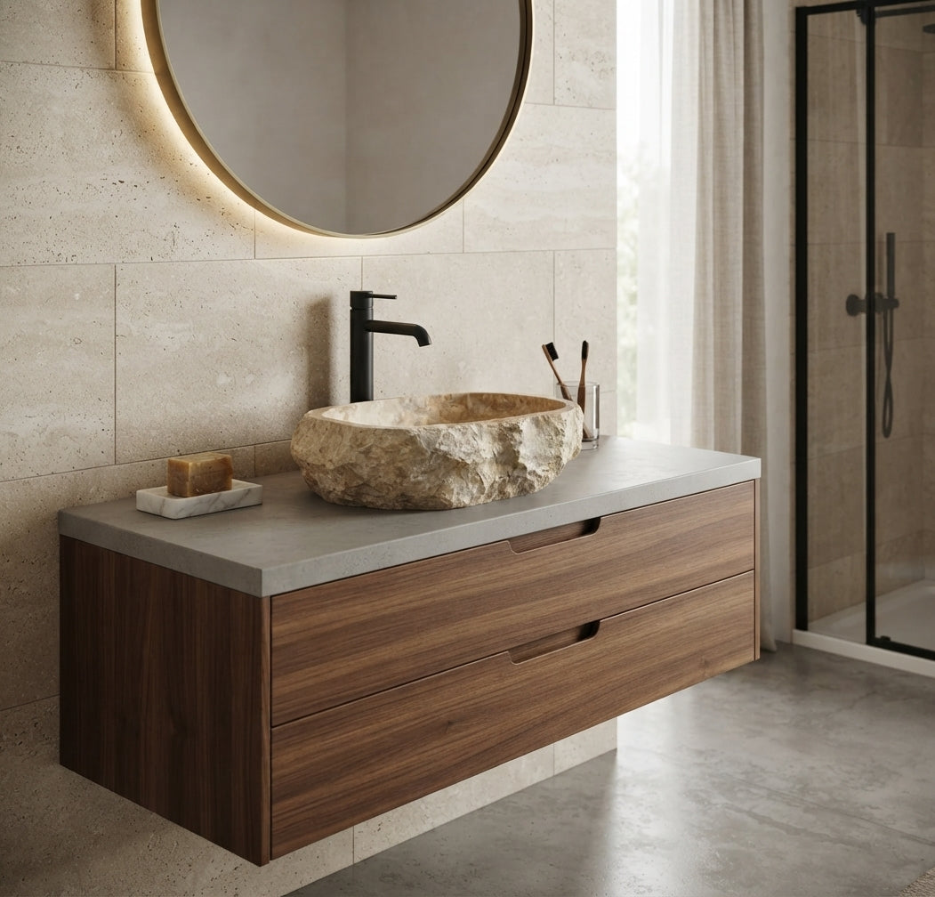 Vasque à poser « Bedrock » en marbre naturel beige – 45 cm
