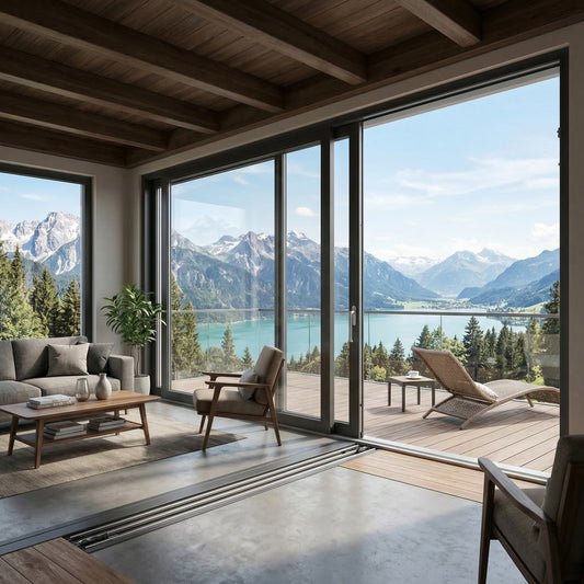 Baie vitrée coulissant en aluminium à soulèvement 3 ventaux  SMR S560 (L.:3200mm x H.:2200mm)