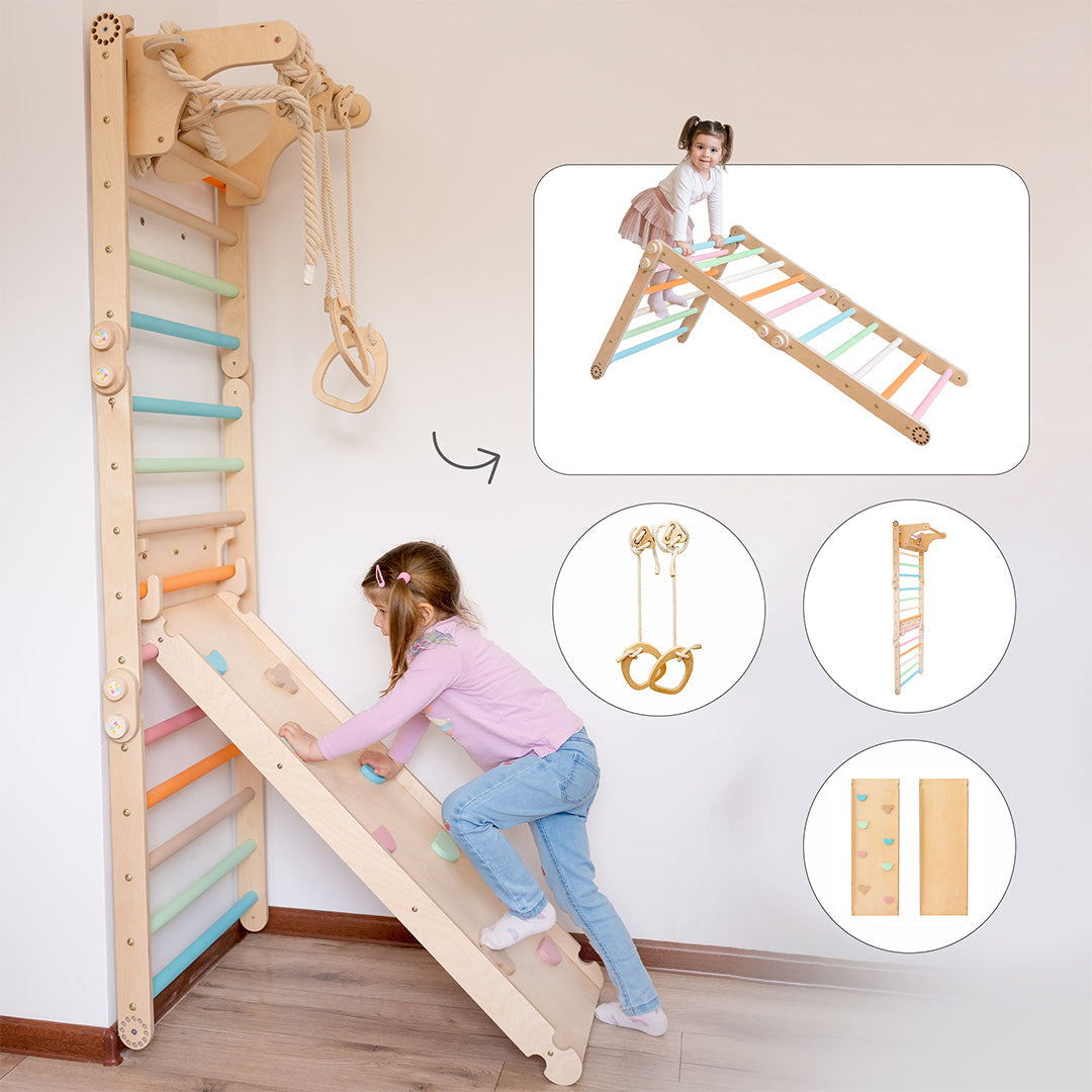 139_Mur suédois enfant avec rampe 2-en-1 et anneaux de gymnastique