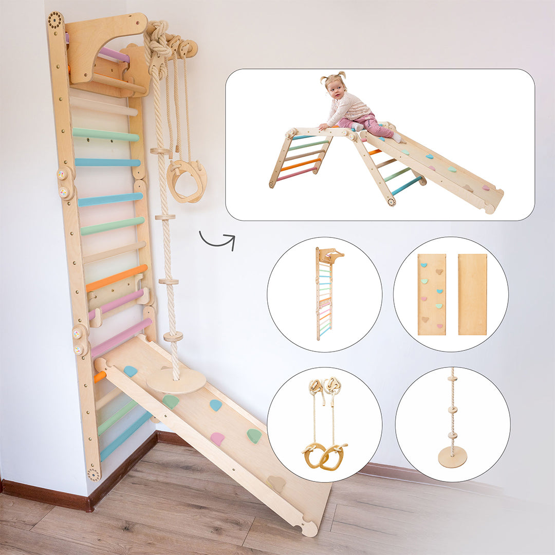 113_Mur suédois pour enfants avec rampe 2-en-1, anneaux de gymnastique et disque en bois 2-en-1 (balançoire et corde à grimper)