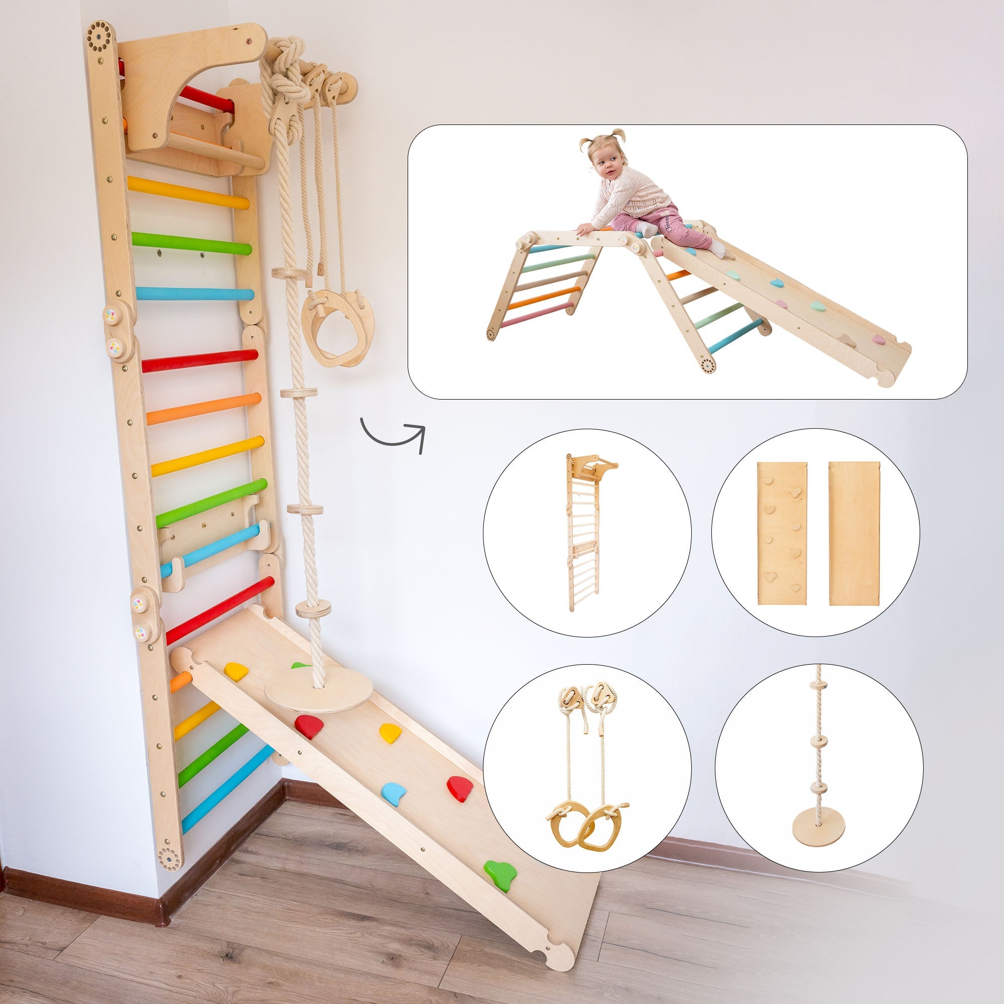 120_Mur suédois enfant modulable – 3 échelles + rampe + anneaux + corde/balançoire