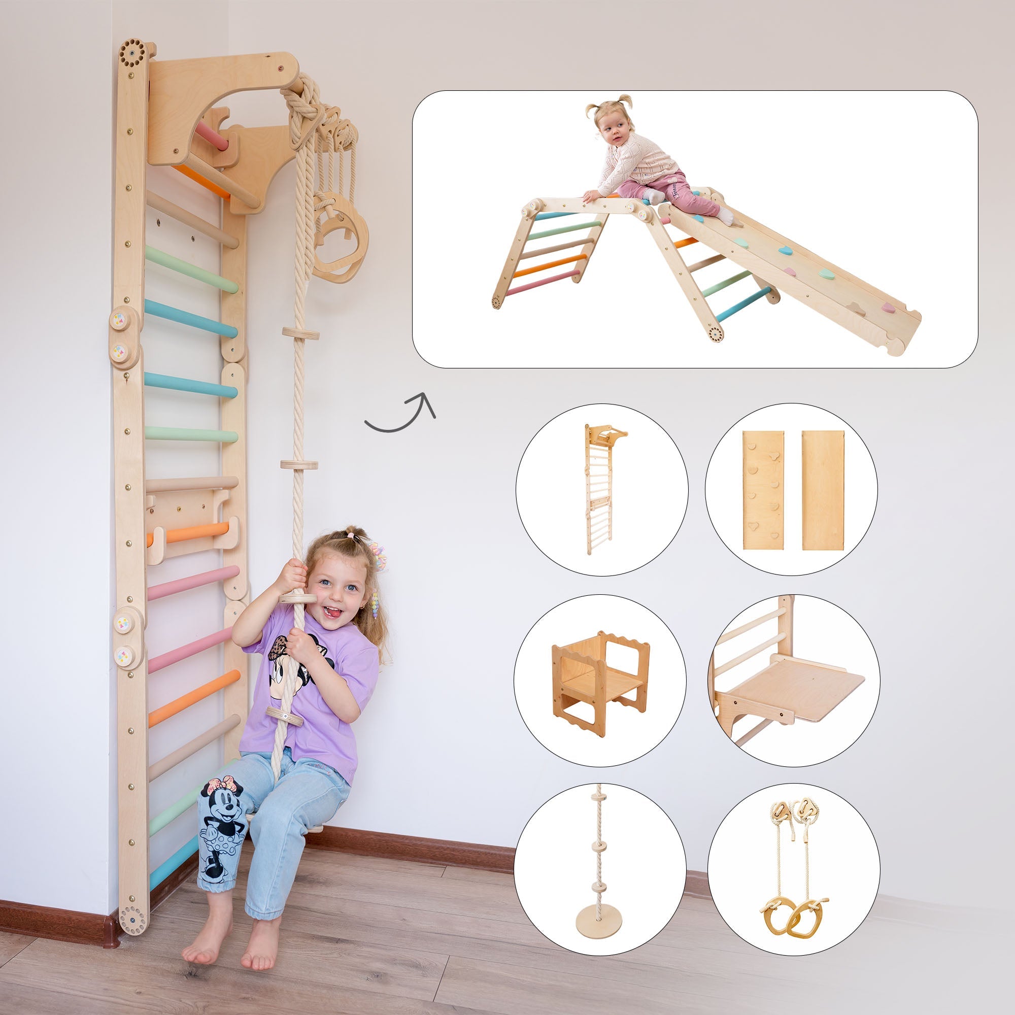 141_Mur suédois Montessori pour enfants avec anneaux, rampe escalade/toboggan 2-en-1, table, tabouret, balançoire-disque et corde d’escalade