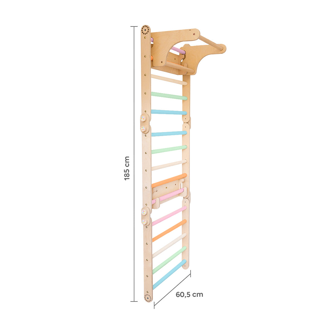 112_Mur suédois pour enfants avec anneaux de gymnastique et disque en bois 2-en-1 (balançoire + corde d’escalade)
