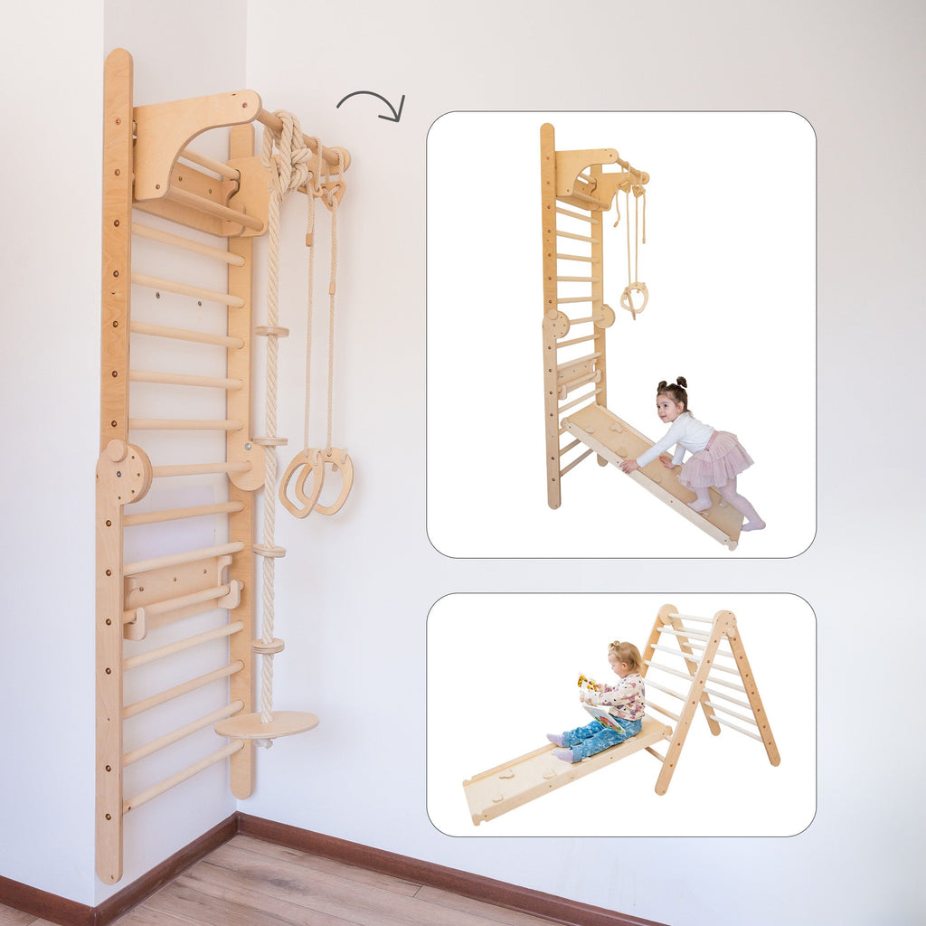 118_Mur suédois 4-en-1 et triangle de Pikler pliable avec rampe, anneaux de gymnastique et balançoire-disque avec corde à grimper