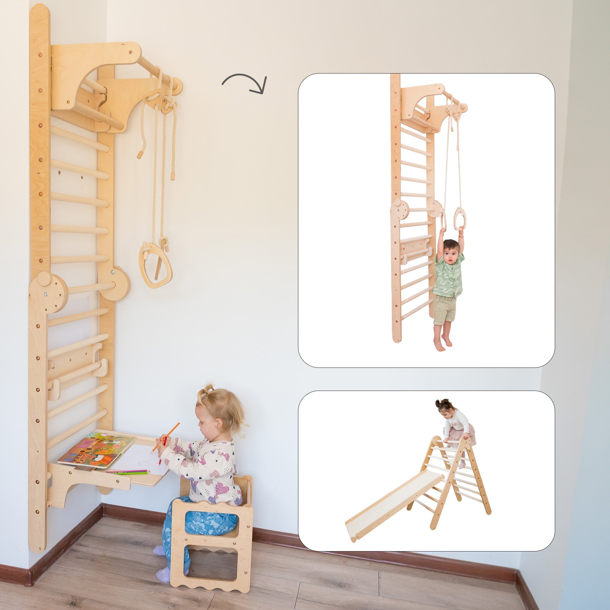 119_Set 6-en-1 mur suédois / triangle de Pikler pliable avec rampe escalade/toboggan, anneaux de gymnastique, disque en bois 2-en-1 (balançoire + corde d’escalade), table et tabouret